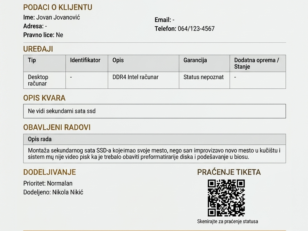 Profesionalna PDF priznanica (Servisna Prijemnica) spremna za štampu sa QR kodom